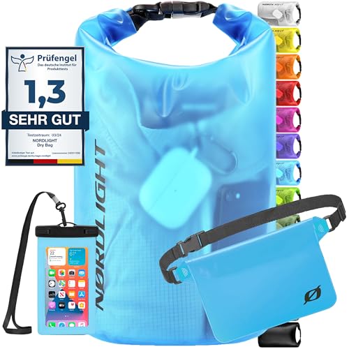 Nordlight wasserdichte Tasche 3er Set (Blau) - Dry Bag 20l + wasserdichte Handyhülle + wasserdichte Hüfttasche | IPX8 Schutz | Mit Verstellbaren Gurten Für Strand, Stand Up Paddling von Nordlight