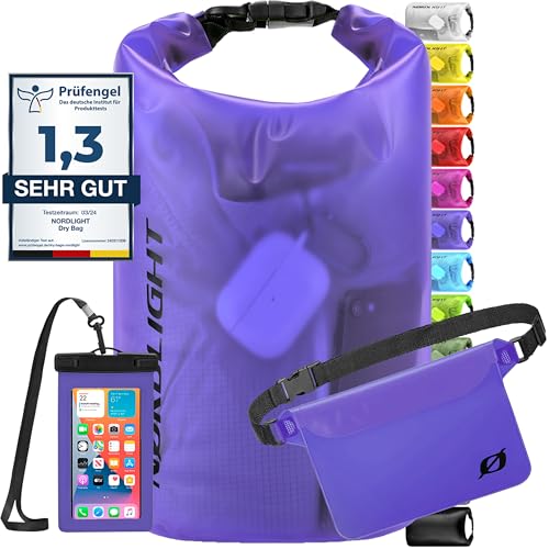 Nordlight wasserdichte Tasche 3er Set (Lila) - Dry Bag 20l + wasserdichte Handyhülle + wasserdichte Hüfttasche | IPX8 Schutz | Mit Verstellbaren Gurten Für Strand, Stand Up Paddling von Nordlight