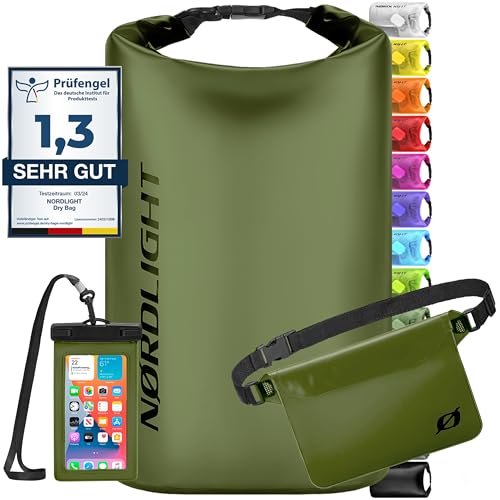 Nordlight wasserdichte Tasche 3er Set (Olivgrün) - Dry Bag 20l + wasserdichte Handyhülle + wasserdichte Hüfttasche | IPX8 Schutz | Mit Verstellbaren Gurten Für Strand, Stand Up Paddling von Nordlight