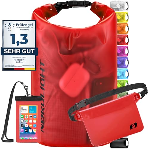 Nordlight wasserdichte Tasche 3er Set (Rot) - Dry Bag 20l + wasserdichte Handyhülle + wasserdichte Hüfttasche | IPX8 Schutz | Mit Verstellbaren Gurten Für Strand, Stand Up Paddling von Nordlight