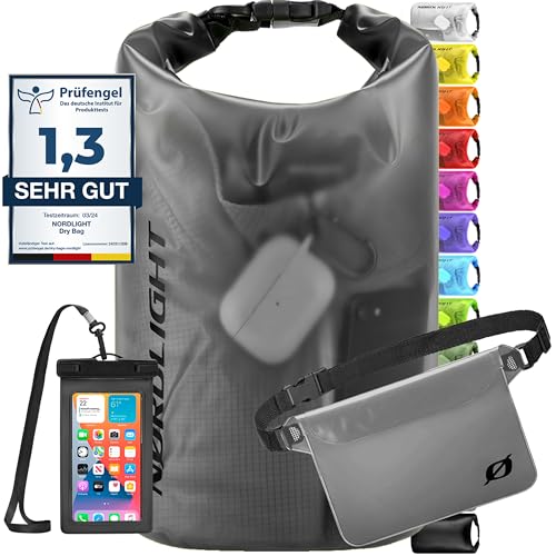 Nordlight wasserdichte Tasche 3er Set (Anthrazit) - Dry Bag 30l + wasserdichte Handyhülle + wasserdichte Hüfttasche | IPX8 Schutz | Mit Verstellbaren Gurten Für Strand, Stand Up Paddling von Nordlight