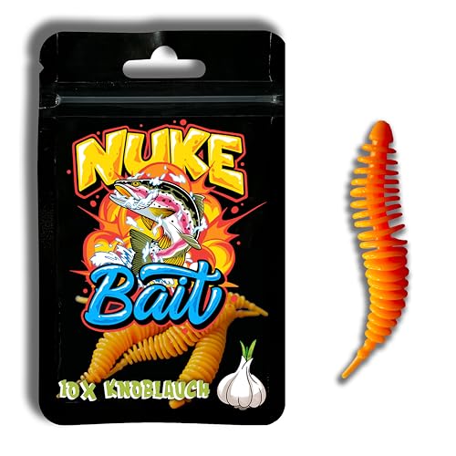 Nuke Bait - Forellen/Barschköder - Twister mit Aroma - 5 STK. - Das Original - Barsch Köder, Gummiköder mit Lockstoff, Angelköder, Raubfisch (Knoblauch, Orange, 6cm) von Nuke Bait