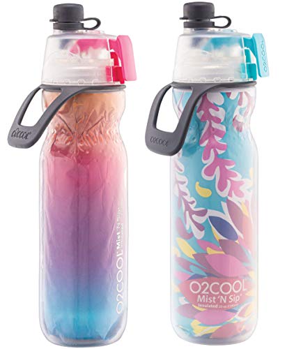 O2COOL Mist 'N Sip Misting Wasserflasche, 2-in-1, Nebel- und Schluckfunktion, mit Zugschnabel (Raspberry Ombre/Tropical) – 2 Stück von O2COOL