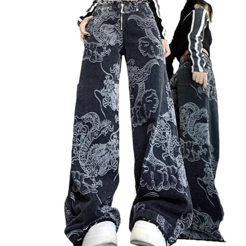 OATTIS Damen Jeans Mit Schwarzem Drachen-Print, Baggy-Vintage-Ästhetik, Cowboy-Hose, Denim-Hose, Kleidung,L von OATTIS