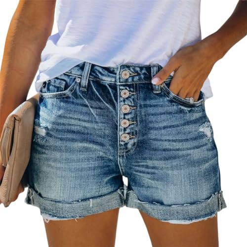 OATTIS Damen-Sommer-Jeansshorts Mit Rollrand, Modische Hotpants Mit Knöpfen Und Löchern, Beliebte Damenhosen,Farbe1,S von OATTIS