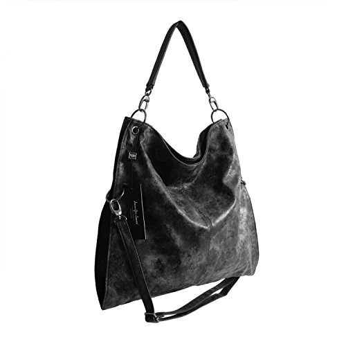 OBC ital-Design Moderne Damen Shopper DIN-A4 Tasche verwandelbar Nieten Beuteltasche Hobo-Bag Schultertasche Clutch Umhängetasche Damenhandtasche Handtasche 38x40x7 cm (BxHxT) (Schwarz (Antik Optik)) von OBC Only-Beautiful-Couture