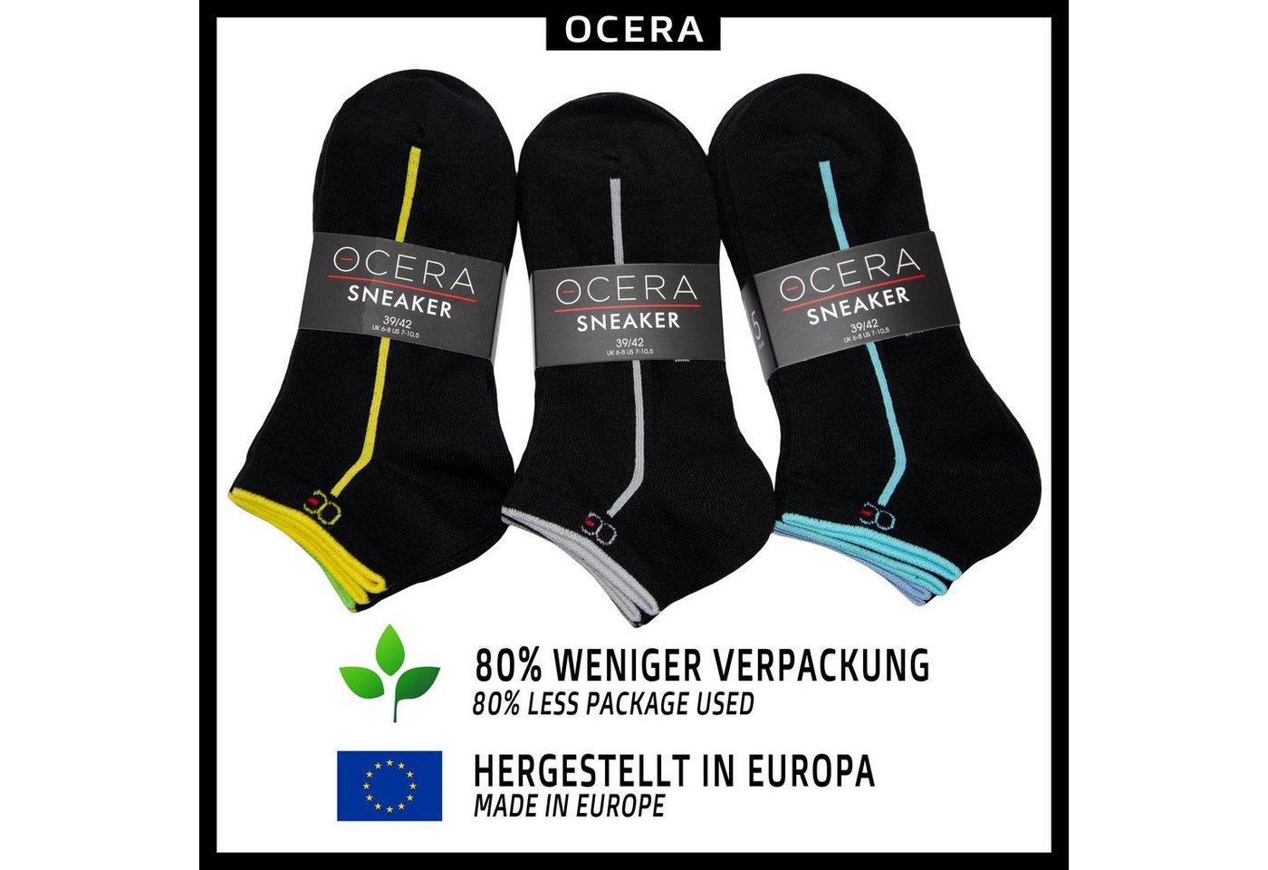 OCERA Sneakersocken Schwarze Sneaker Unisex mit stylischen Streifen und bunten Neon Farben von OCERA