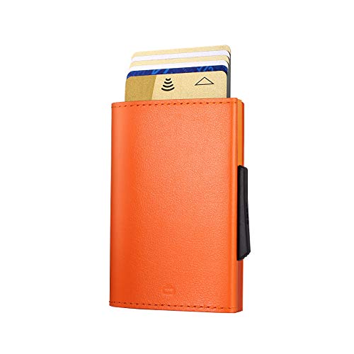ÖGON -DESIGNS- Schlanker automatischer Kartenhalter aus Aluminium und Leder mit RFID-Schutz, kompakte Geldbörse, Modell Cascade Slim von ÖGON -DESIGNS-