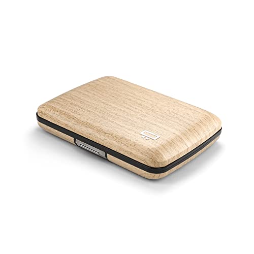 OGON Aluminium Geldbörse Smart Case V2 - Einfache Lagerung - Metallverschluss - Kartenetui mit RFID-Schutz - Bis zu 10 Karten und Banknoten (Print Holzimitat Bamboo) von ÖGON Smart Wallets