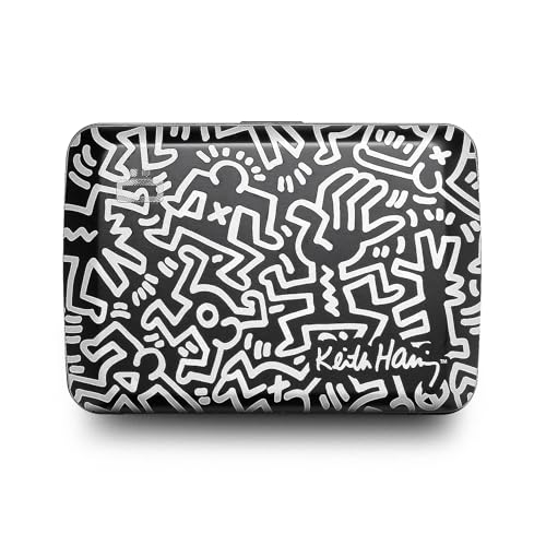 OGON Aluminium Geldbörse Smart Case V2 - Einfache Lagerung - Metallverschluss - Kartenetui mit RFID-Schutz - Bis zu 10 Karten und Banknoten (Gravur Keith Haring White) von ÖGON Smart Wallets
