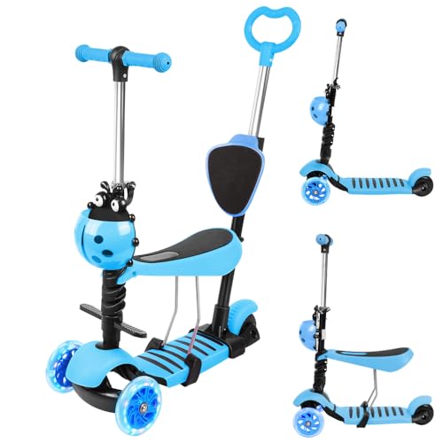 5-in-1 Kinder Roller Scooter mit Abnehmbarer Karikaturkorb Sitz Schubstange LED große Räder Bequeme Rückenlehne Höheverstellbare Lenker für Kleinkinder Jungen Mädchen ab 2 Jahre (Blau (5 in 1)) von OHMG