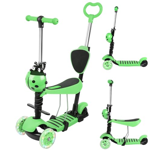 5-in-1 Kinder Roller Scooter mit Abnehmbarer Karikaturkorb Sitz Schubstange LED große Räder Bequeme Rückenlehne Höheverstellbare Lenker für Kleinkinder Jungen Mädchen ab 2 Jahre (Grün (5 in 1)) von OHMG