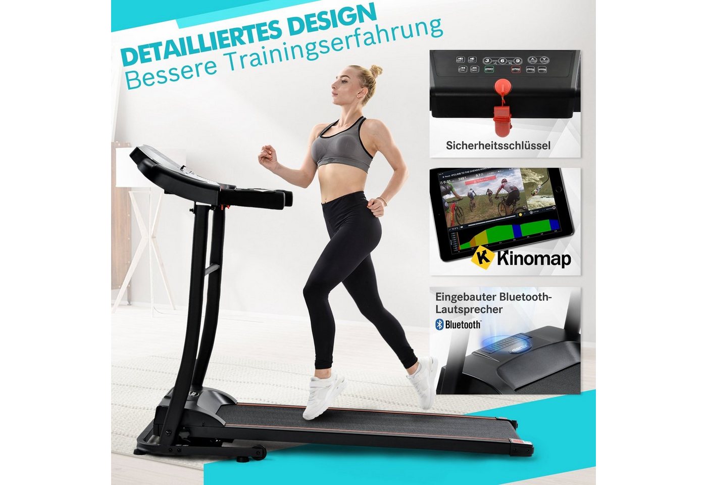 OKWISH Laufband Fitness klappbar elektrisch (Laufband für zu Hause, Lauftrainingsgerät mit Kinomap-App), USB-Bluetooth und AUX-Konnektivität, LED-Display, Schwarz von OKWISH