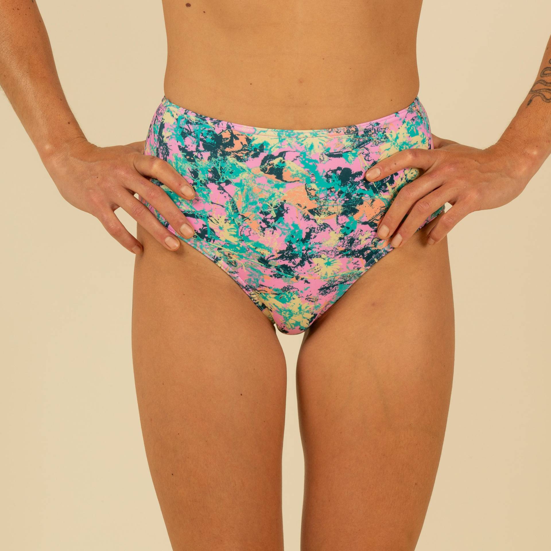 Bikini-Hose Damen Surfen hohe Taille Romi Punky Pink von OLAIAN