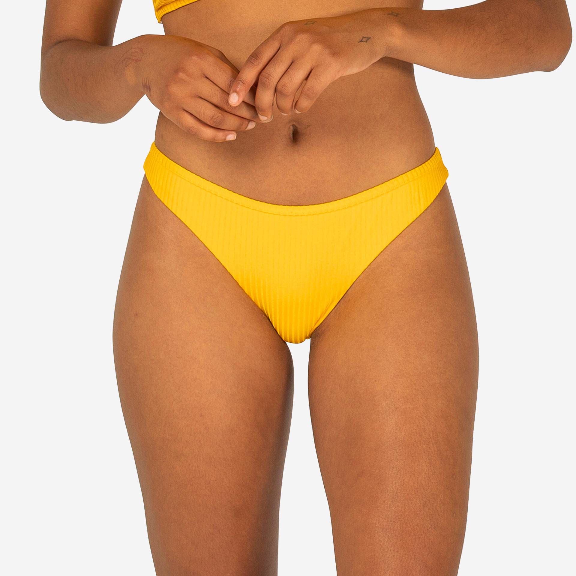 Bikini-Hose Damen Tanga mit hohem Beinausschnitt gerippt - Lulu gelb von OLAIAN