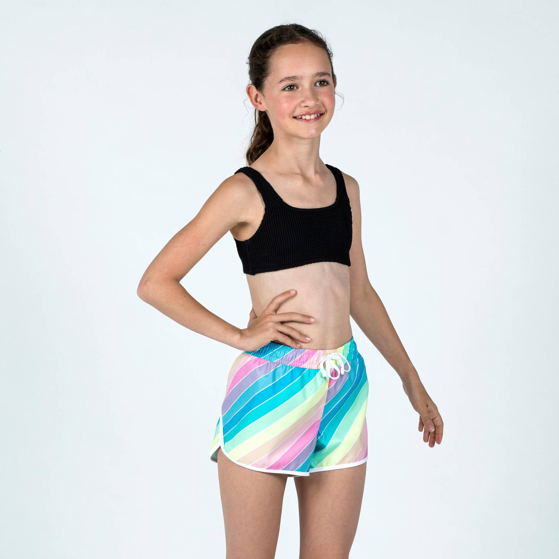 Boardshorts Mädchen - 100 Katy Rainbow Stripes türkis von OLAIAN