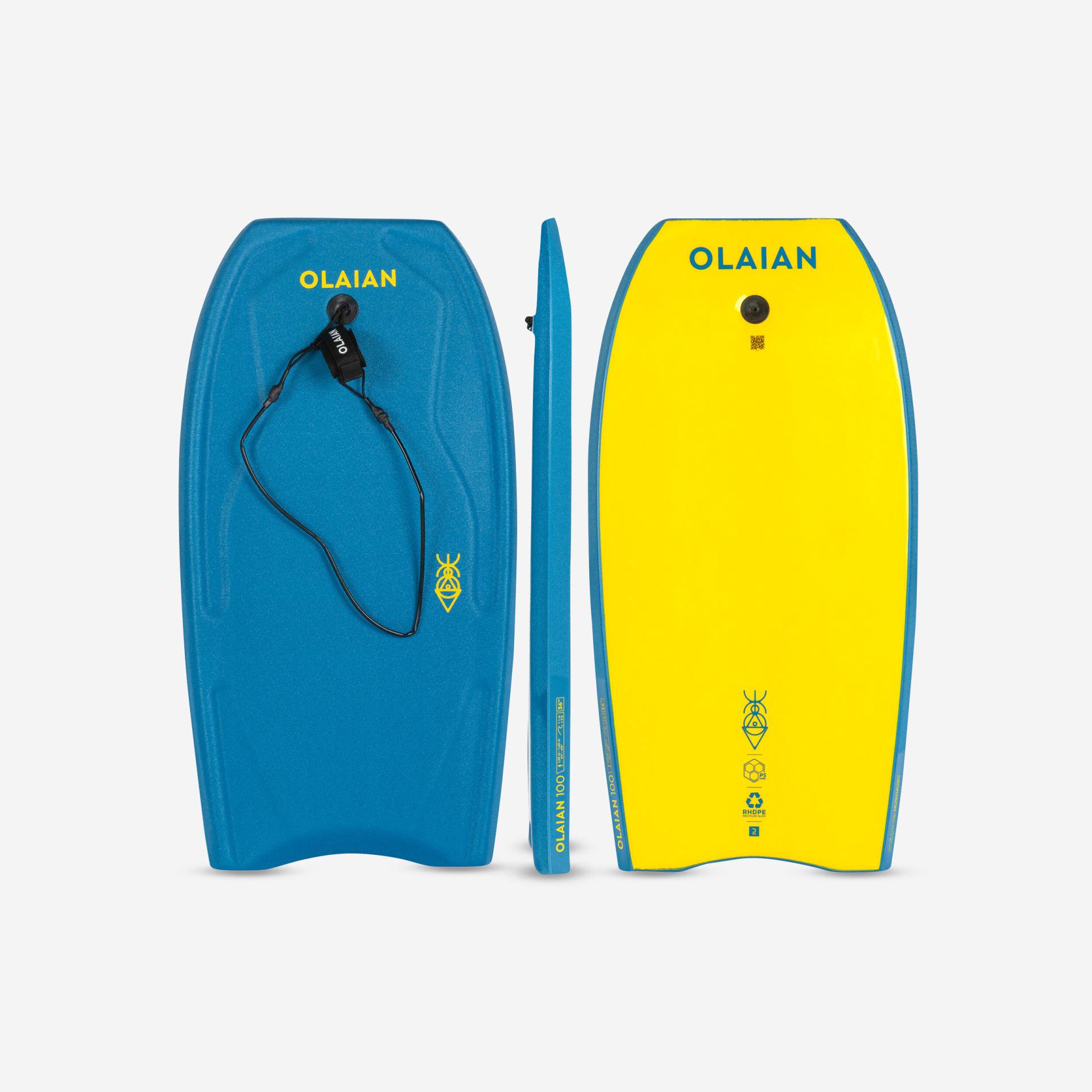 Bodyboard Kinder mit Handgelenk-Leash - 100 blau/gelb von OLAIAN
