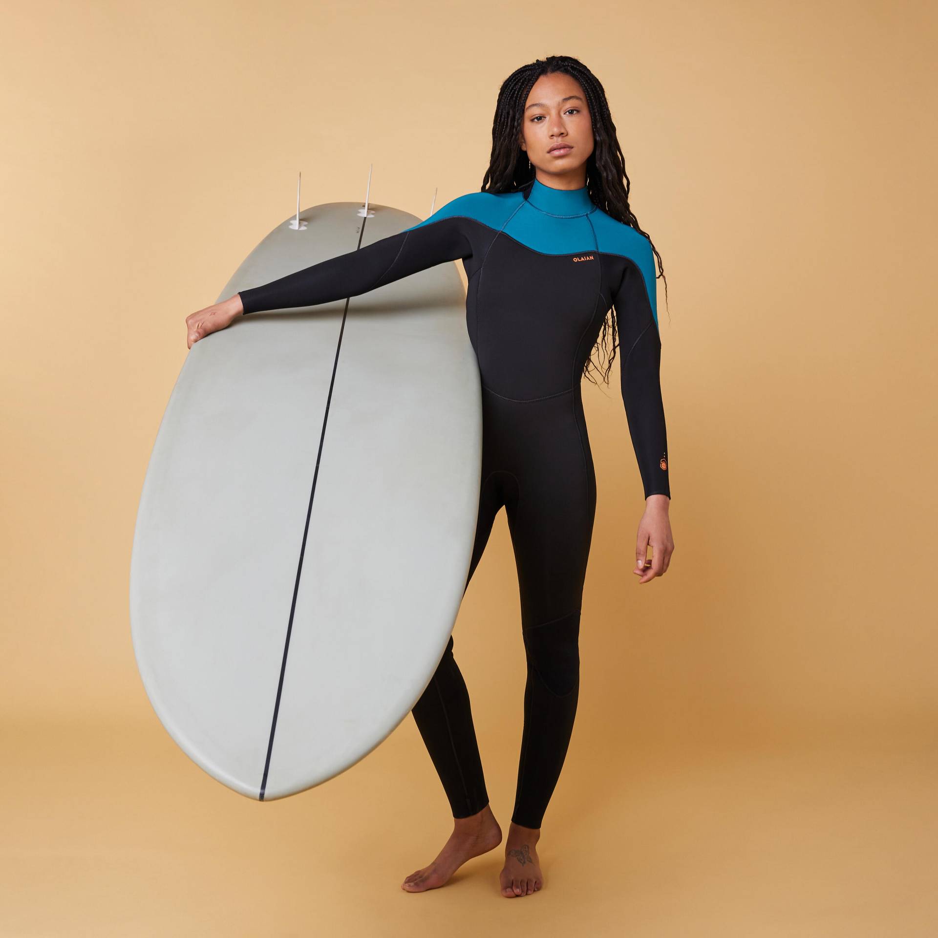 Neoprenanzug Surfen Damen 4/3 Rückenreissverschluss - 500 schwarz/grün von OLAIAN