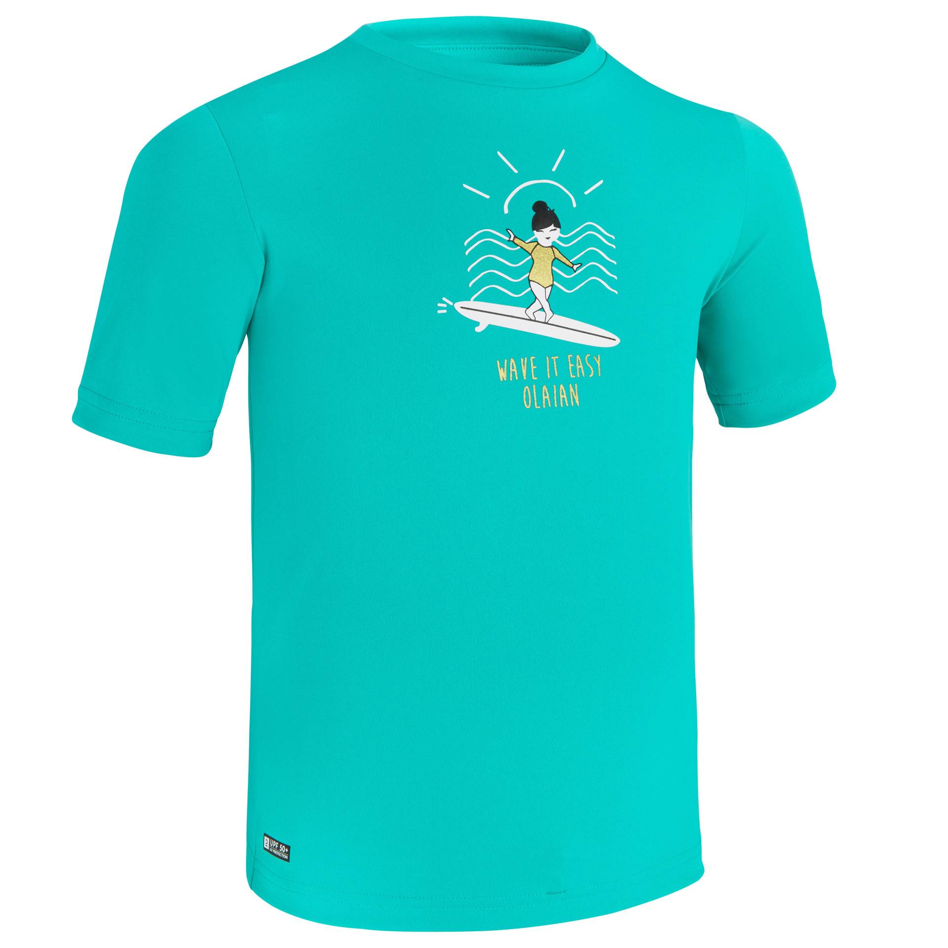 Wasser-T-Shirt UV-Schutz Surfen Kinder türkisgrün bedruckt von OLAIAN