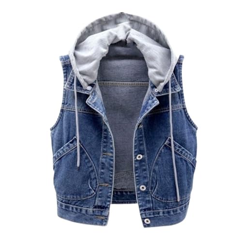 OLGER Denim Weste-Vintage Distressed Washed Denim Weste Kordelzug Abnehmbare Kapuze Kurze Jeansweste Jeansjacke Cropped Freizeit Sommer Frühling Jeansjacke Cardigan Top Outwear,Dunkelblau,L von OLGER