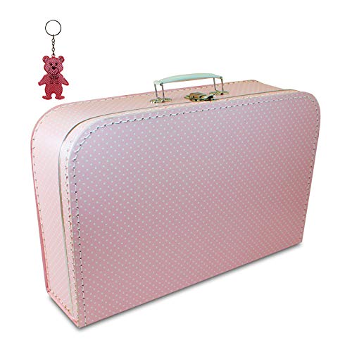 OLShop AG Kinderkoffer Pappe rosa mit kleinen weißen Punkten 40 cm inkl. Reflektorbärchen, Kinderkoffer Malkoffer Spielzeugkoffer Puppenkoffer von OLShop AG