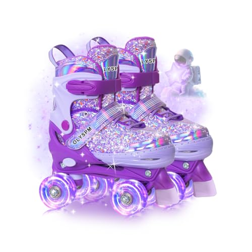 OLYSPM Rollschuhe Kinder Mädchen,4 Verstellbare Größen mit fluoreszierendem Oberteil,Rollschuhe mit Leuchtenden Rädern für Anfänger Weihnachts und Geburtstags Geschenke(Violett) von OLYSPM