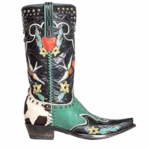 OMEARK Damen Western Cowboy Stiefel, Vintage Bestickt Chunky Heel Spitz Toe Cowgirl Stiefel, Winter Pull-on Knie High Mid Calf Stiefel,A,39 von OMEARK