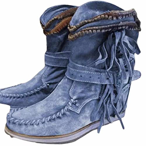 OMEARK Frauen Fransen Cowboy Stiefel, Vintage Flache Wildleder Western Mid-Calf Stiefel, Winter Pelz Futter Slip-On Snip Toe Quaste Cowgirl Stiefel,Blau,36 von OMEARK