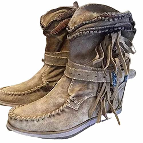OMEARK Frauen Fransen Cowboy Stiefel, Vintage Flache Wildleder Western Mid-Calf Stiefel, Winter Pelz Futter Slip-On Snip Toe Quaste Cowgirl Stiefel,Khaki,37 von OMEARK