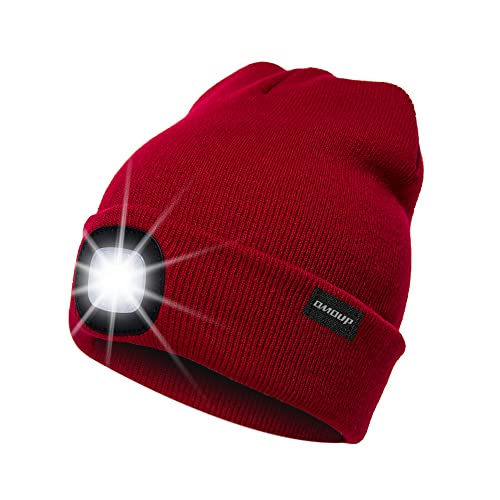OMOUP 4 LED Stirnlampe Beanie Mütze, Winter warme Beanie Hut Hände frei beleuchtete Beanie Mütze (Rot) von OMOUP