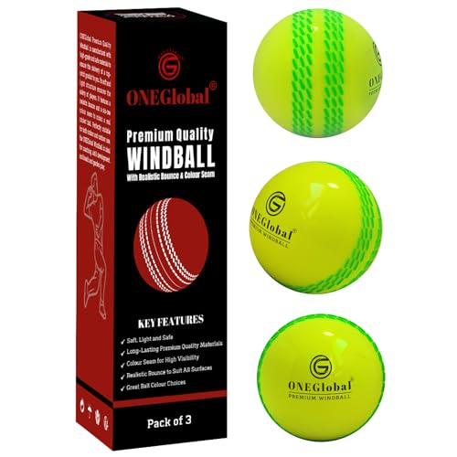 ONEGlobal Premium Windball Weiche Cricketbälle | Langlebig & sicher, farbige Naht, realistischer Sprung & Schwung | Indoor-/Outdoor-Coaching, Training, Garten & Strandspiele (3 Fluoro-Gelb) von ONEGlobal
