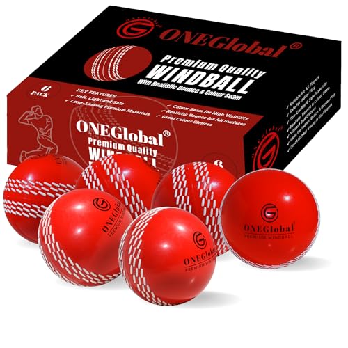 ONEGlobal Premium Windball Weiche Cricketbälle | Langlebig & sicher, farbige Naht, realistischer Sprung & Schwung | Indoor-/Outdoor-Coaching, Training, Garten & Strandspiele (6 Rot) von ONEGlobal