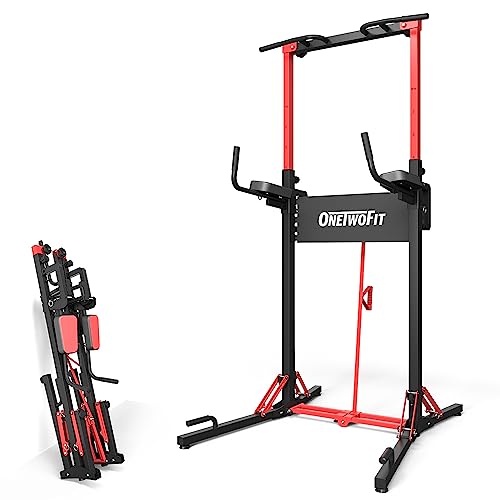 ONETWOFIT Faltbar Power Tower Dip Station & Kraftturm, höhenverstellbar multifunktionale Kraftstation mit Klimmzugstange Liegestützgriffe, Schwere Krafttrainingsgeräte für Fitnessstudios Max 180KG von ONETWOFIT