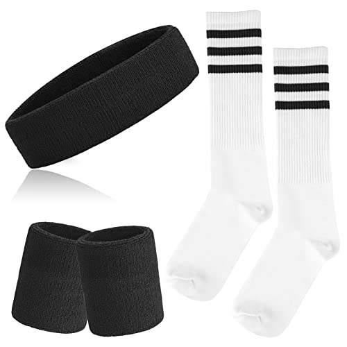 ONUPGO 5-teiliges gestreiftes Schweißband und Socken-Set, gestreiftes Stirnband, Schweißbänder, gestreifte hohe Socken für Männer, Frauen, Sport und 80er-Party (Black) von ONUPGO