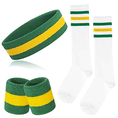 ONUPGO 5-teiliges gestreiftes Schweißband und Socken-Set, gestreiftes Stirnband, Schweißbänder, gestreifte hohe Socken für Männer, Frauen, Sport und 80er-Party (Green/Yellow/Green) von ONUPGO