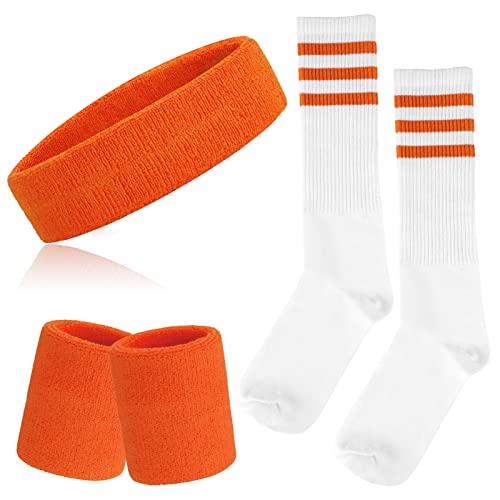 ONUPGO 5-teiliges gestreiftes Schweißband und Socken-Set, gestreiftes Stirnband, Schweißbänder, gestreifte hohe Socken für Männer, Frauen, Sport und 80er-Party (Orange) von ONUPGO