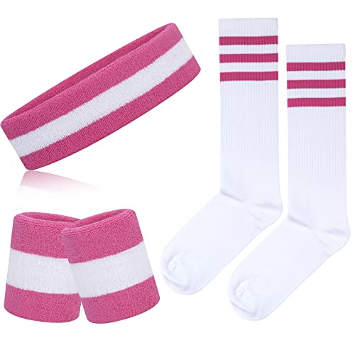 ONUPGO 5-teiliges gestreiftes Schweißband und Socken-Set, gestreiftes Stirnband, Schweißbänder, gestreifte hohe Socken für Männer, Frauen, Sport und 80er-Party (Striped Pink/White/Pink) von ONUPGO