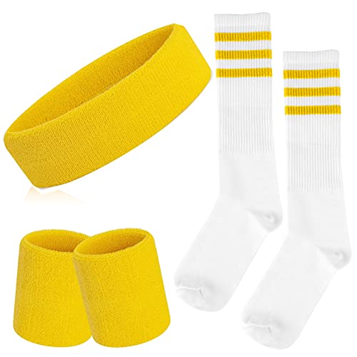 ONUPGO 5-teiliges gestreiftes Schweißband und Socken-Set, gestreiftes Stirnband, Schweißbänder, gestreifte hohe Socken für Männer, Frauen, Sport und 80er-Party (Yellow/White/Yellow) von ONUPGO