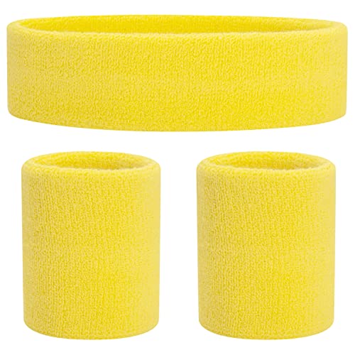 ONUPGO Schweißbänder Set Stirnband Armbänder Neon Sport Fitness 80er Kostüme Zubehör 80er Workout Outfit für Männer Frauen (Yellow 9533) von ONUPGO