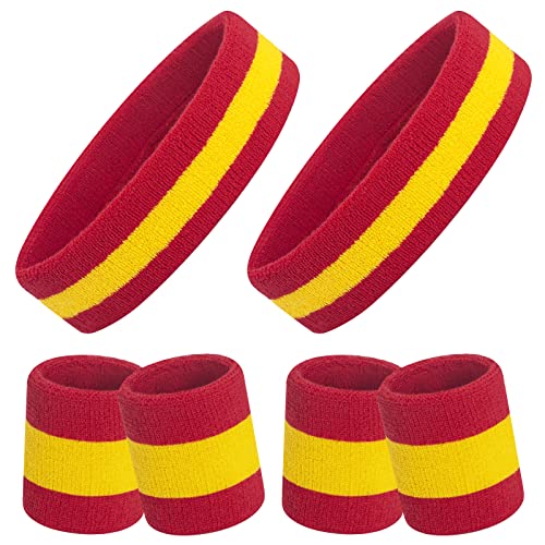 ONUPGO Schweißband-Set, Sport-Stirnband, Armband-Set (6 Stück) Schweißbänder aus Frottee, Schweißband, Stirnband, Feuchtigkeitstransport, Schweißabsorbierendes Stirnband (Red/Yellow/Red) von ONUPGO