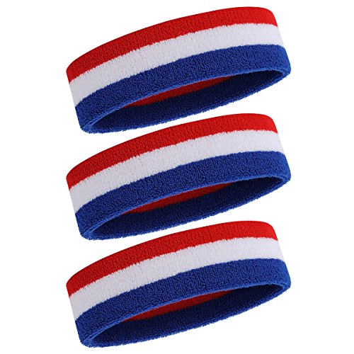 ONUPGO Schweißband Stirnband für Männer & Frauen - 3PCS Sports Stirnbänder Feuchtigkeitstransport Athletic Cotton Terry Cloth Schweißband Schweißabsorbierende Kopfband (3 Blue/White/Red) von ONUPGO