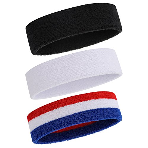 ONUPGO Schweißband Stirnband für Männer & Frauen - 3PCS Sports Stirnbänder Feuchtigkeitstransport Athletic Cotton Terry Cloth Schweißband Schweißabsorbierende Kopfband (Black, White, Blue/White/Red) von ONUPGO