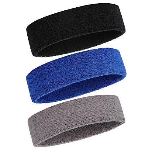ONUPGO Schweißband Stirnband für Männer & Frauen - 3PCS Sports Stirnbänder Feuchtigkeitstransport Athletic Cotton Terry Cloth Schweißband Schweißabsorbierende Kopfband (Black/Grey/Blue) von ONUPGO