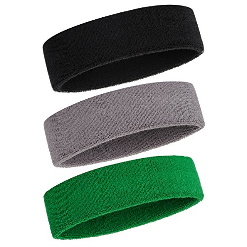 ONUPGO Schweißband Stirnband für Männer & Frauen - 3PCS Sports Stirnbänder Feuchtigkeitstransport Athletic Cotton Terry Cloth Schweißband Schweißabsorbierende Kopfband (Black/Grey/Green) von ONUPGO