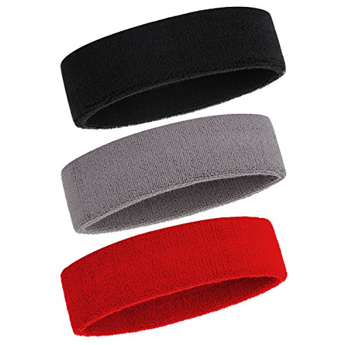 ONUPGO Schweißband Stirnband für Männer & Frauen - 3PCS Sports Stirnbänder Feuchtigkeitstransport Athletic Cotton Terry Cloth Schweißband Schweißabsorbierende Kopfband (Black/Grey/Red) von ONUPGO