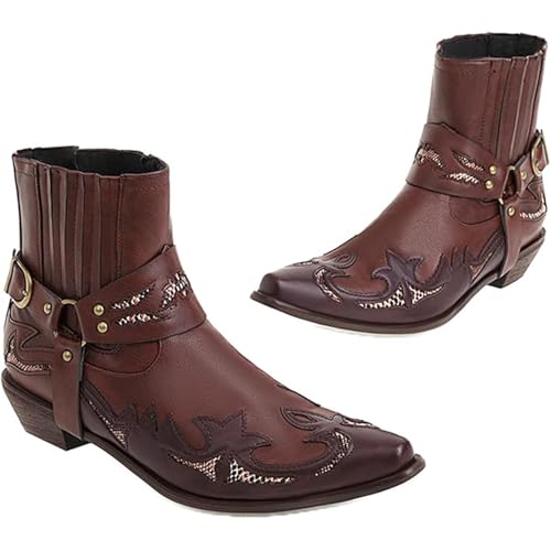 OPPOQ Herren Western Stiefeletten Schnallenriemen Stiefel Retro Leder Square Toe Cowboy Kurze Stiefel Cowboy Motorradstiefel,Rot,44 von OPPOQ