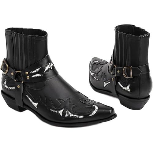 OPPOQ Herren Western Stiefeletten Schnallenriemen Stiefel Retro Leder Square Toe Cowboy Kurze Stiefel Cowboy Motorradstiefel,Schwarz,43 von OPPOQ