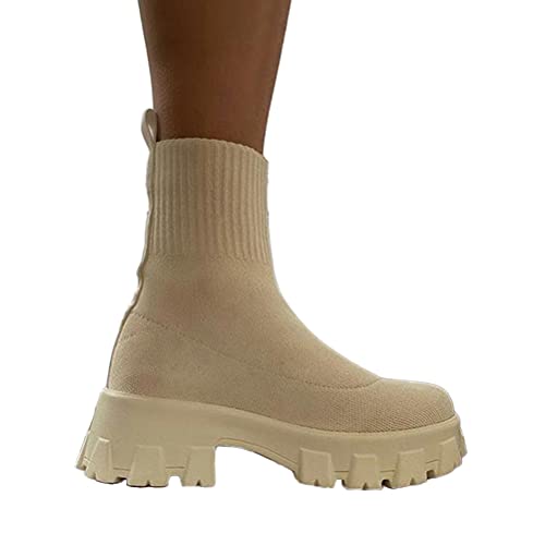 ORANDESIGNE Beige Damen Gestrickte Kurze Stiefel Mode Plateau Socken Schuhe Einfarbig Gestrickte Stiefeletten mit Runder Zehenpartie Plattform Freizeitstiefel Atmungsaktiv Schlupfstiefel A Beige 38 EU von ORANDESIGNE