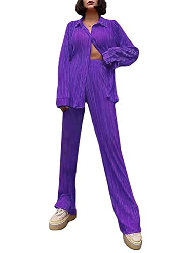 ORANDESIGNE Damen 2Pcs Trainingsanzug Langarm Button-Down-Hemd Elastische Taille Plissee Hose mit weitem Bein Set Streetwear Outfits A Violett M von ORANDESIGNE