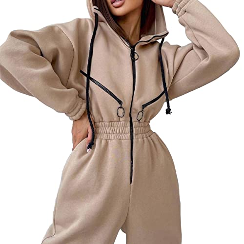 ORANDESIGNE Damen Jogginganzug Trainingsanzug mit Kapuze Sport Freizeit Jumpsuit Onesie Overall Freizeitanzug Overall Einteiler Strampler Ganzkörperanzug A Aprikose S von ORANDESIGNE